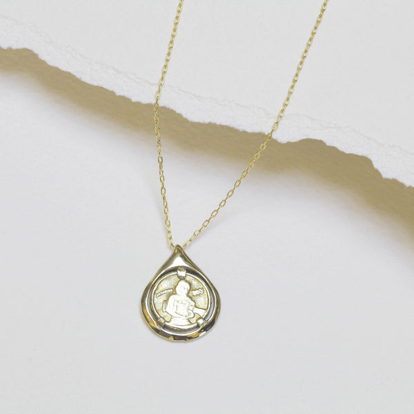 Aquarius Coin Tear Necklace solid 14k gold