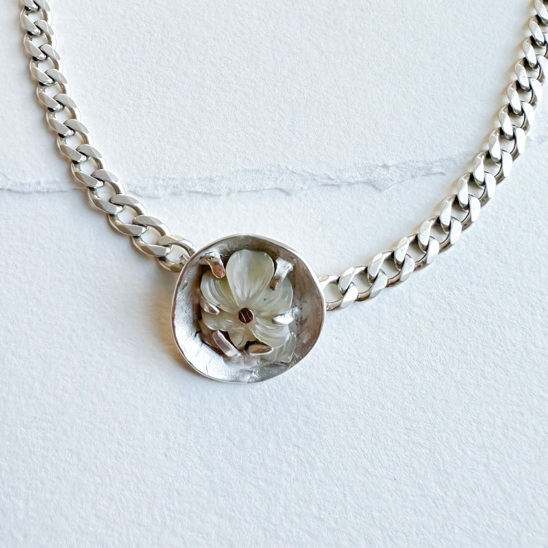 Mother of Pearl Shell Treasure ID Necklace in Silver