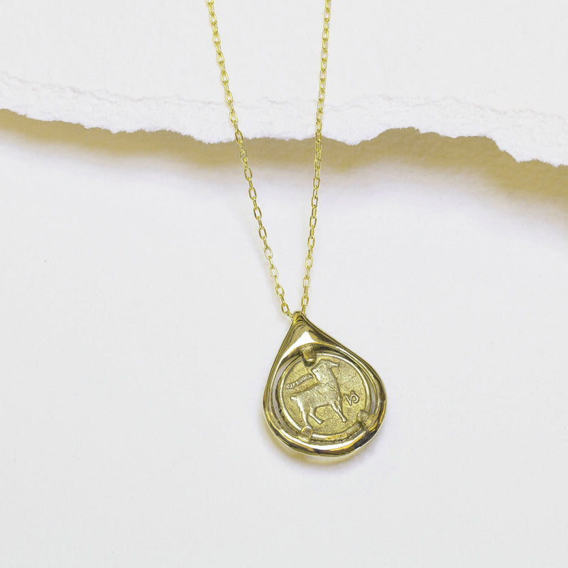 Capricorn Coin Tear Necklace solid 14k gold